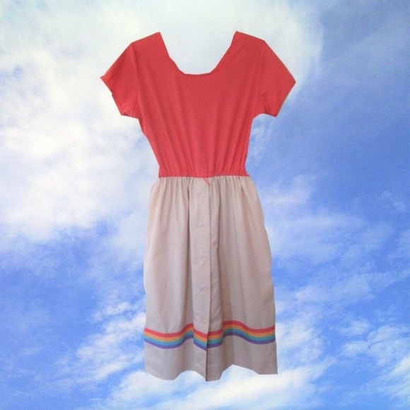 Vintage Dresses & Skirts - 1980s vintage coral rainbow dress size medium 6 8